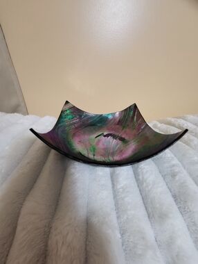 VTG.Freeform Ired. Colorful  Art Glass Peacock Colorful Bowl
